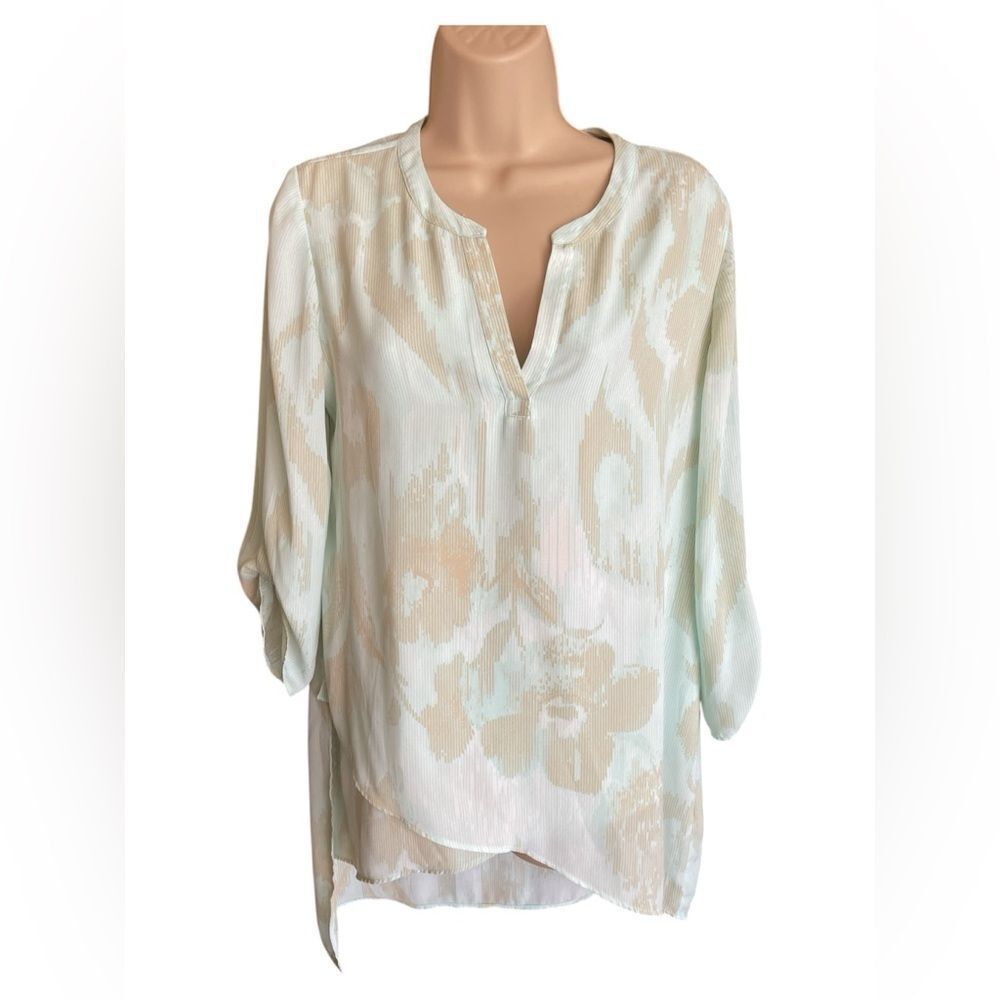 Chico's Soft Patel Green ,Tan Layers front Sheer Floral
